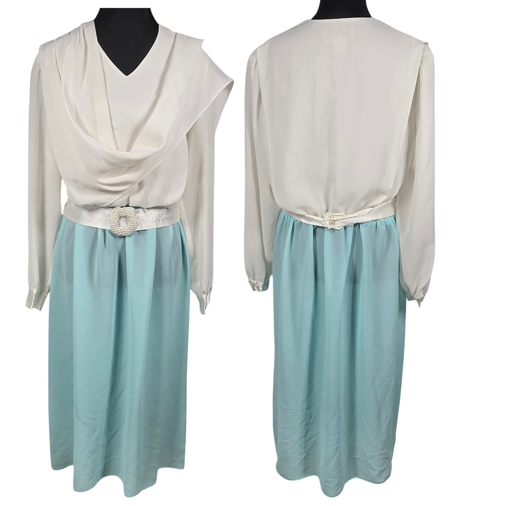 Kevin Stuart‎ Petites Vintage 80s Cream Aqua Scarf Dress Pearl Buckle Sz 14 FLAW